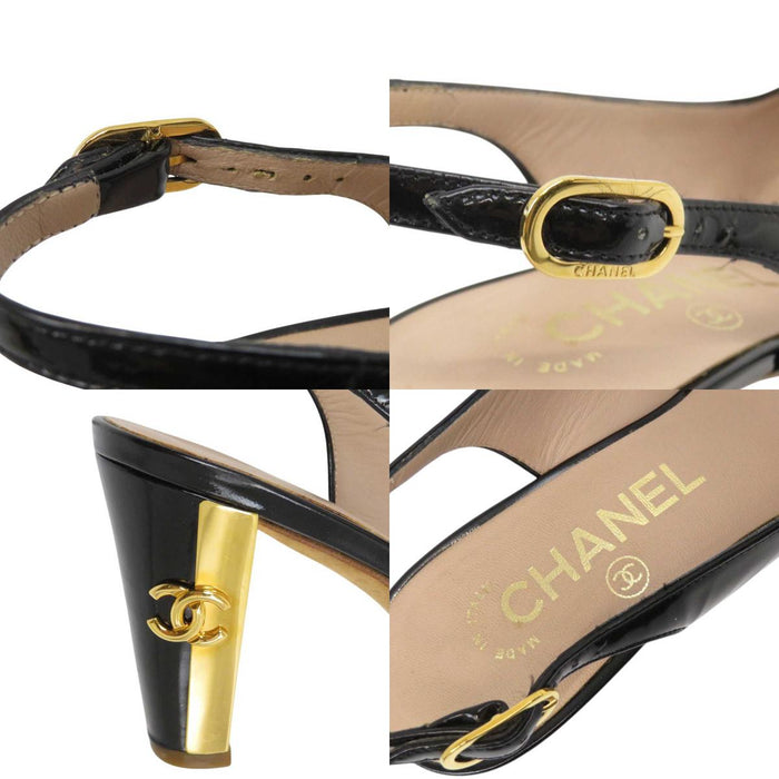 CHANEL 
09C ロゴ COCO CC ハイヒール チャンキーヒール 
ココマーク バックストラップ パテント パンプス