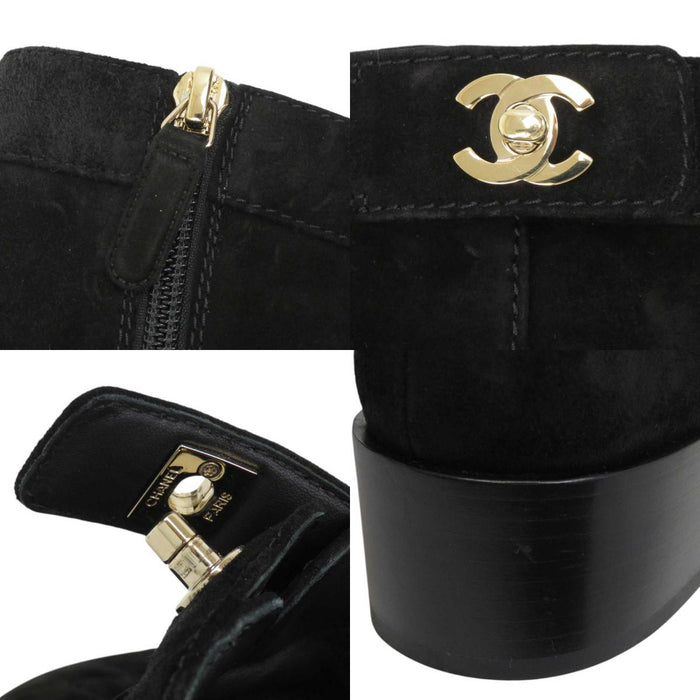 CHANEL 
COCO CC Logo Suede 
Coco Mark Turnlock Matelassé Short Boots