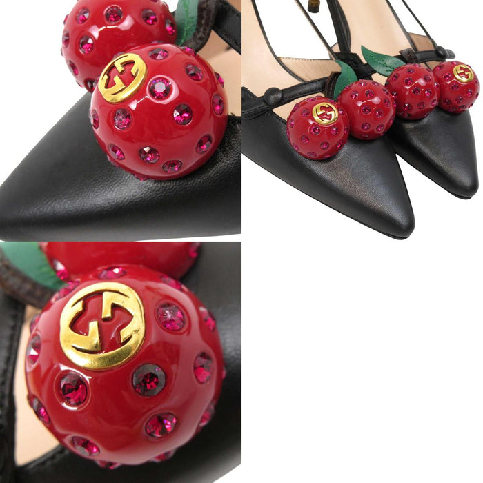 GUCCI 
GG バンブーヒール ラインストーン レザー 
インターロッキングG チェリー パンプス