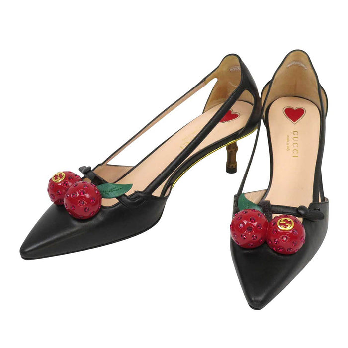 GUCCI 
GG Bamboo Heel Rhinestone Leather 
Interlocking G Cherry Pumps