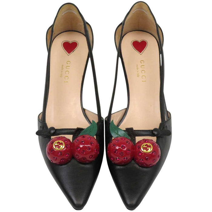 GUCCI 
GG Bamboo Heel Rhinestone Leather 
Interlocking G Cherry Pumps
