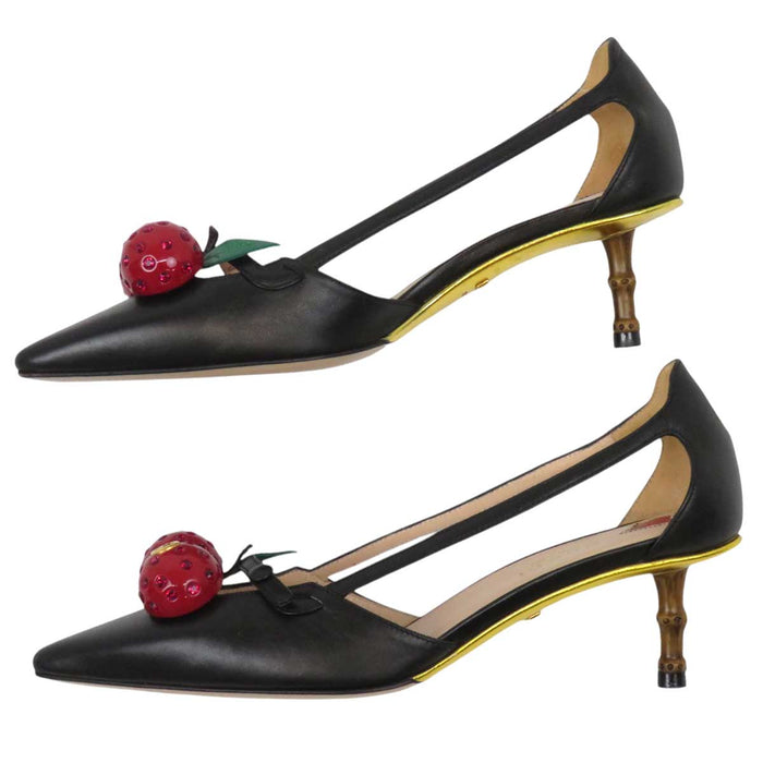 GUCCI 
GG Bamboo Heel Rhinestone Leather 
Interlocking G Cherry Pumps