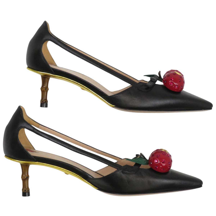 GUCCI 
GG Bamboo Heel Rhinestone Leather 
Interlocking G Cherry Pumps