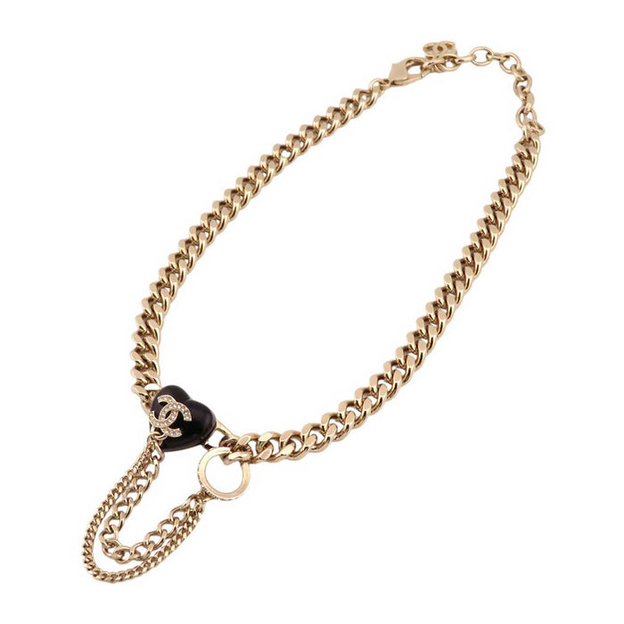 CHANEL 
B22B COCO CC Rhinestone Gold Color Metal Choker 
Coco Mark Heart Chain Necklace
