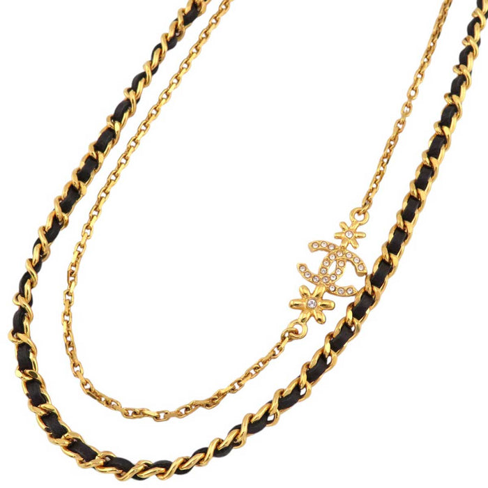 CHANEL 
I23A COCO CC Rhinestone Gold Color Metal 
Coco Mark Double Strand Flower Chain Necklace