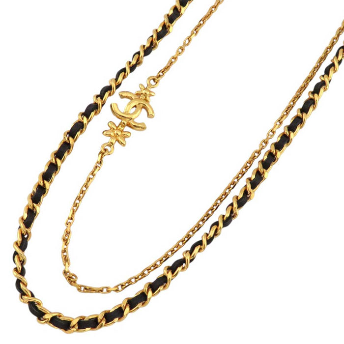 CHANEL 
I23A COCO CC Rhinestone Gold Color Metal 
Coco Mark Double Strand Flower Chain Necklace