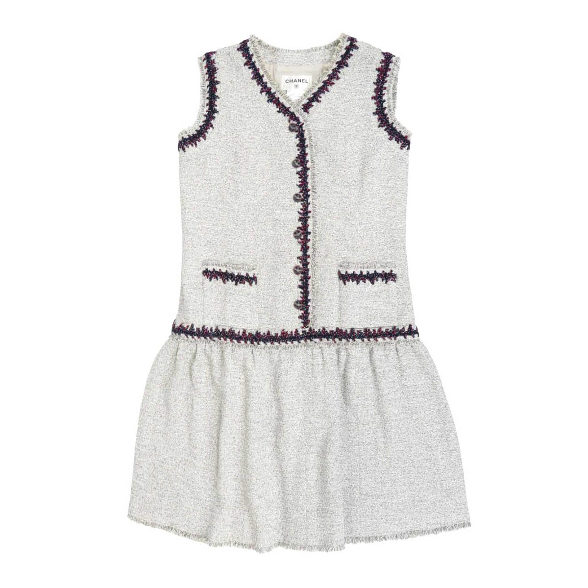 CHANEL　ワンピース　フリル　ボーダー　ノースリーブ　ココマークボタン CHANEL ワンピース フリル ボーダー ノースリーブ ココマーク