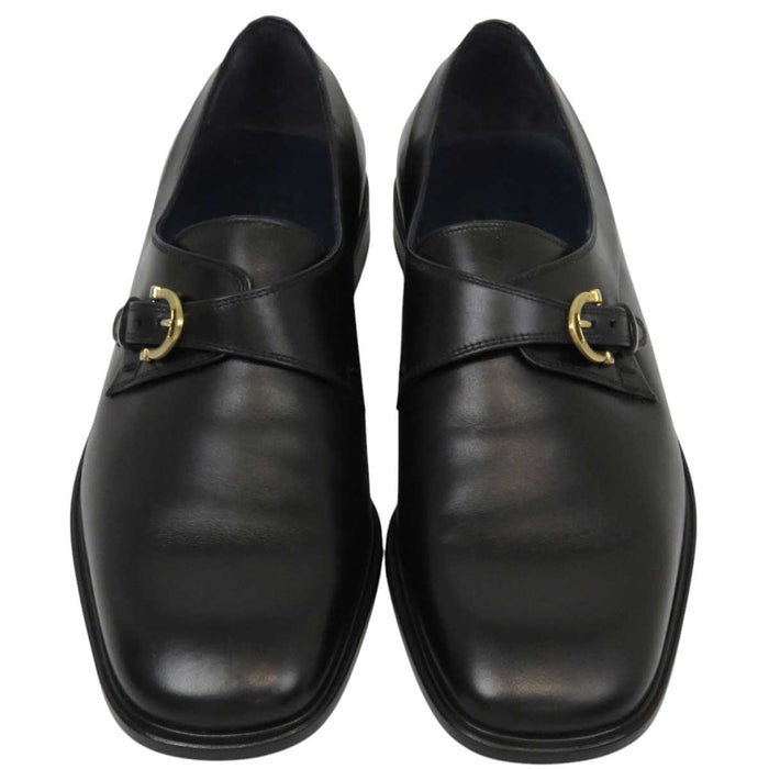 Salvatore Ferragamo 
スクエアトゥ ゴールドカラー金具 
モンクストラップ レザーシューズ