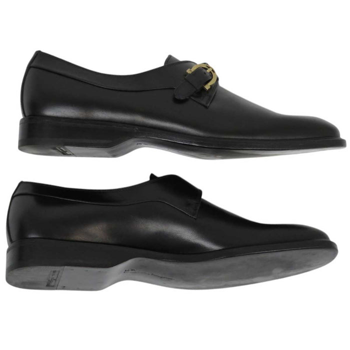 Salvatore Ferragamo 
スクエアトゥ ゴールドカラー金具 
モンクストラップ レザーシューズ