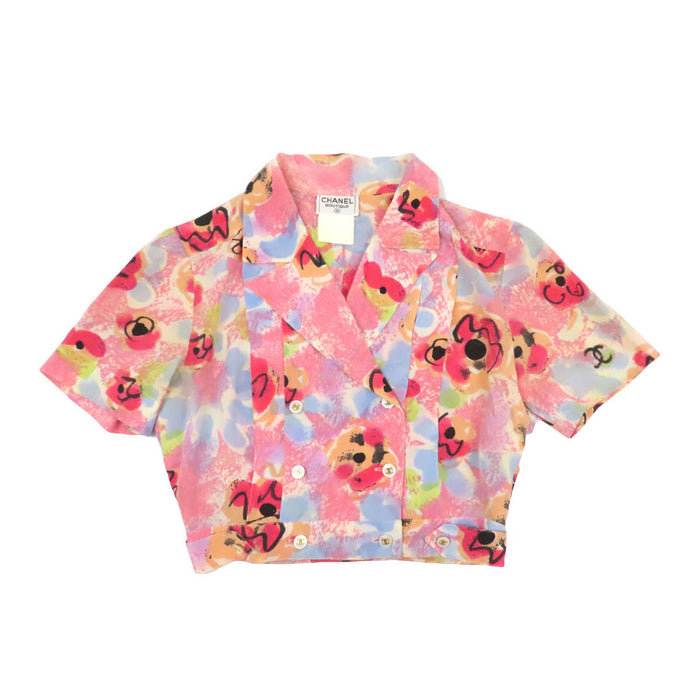 CHANEL 
COCO CC ココボタン オープンカラー 
ココマーク 花柄 シルク クロップド 半袖シャツ 
カメリア