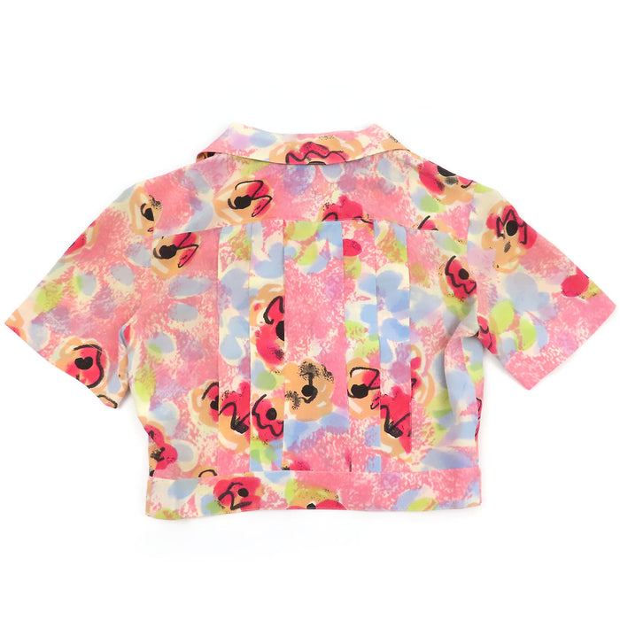 CHANEL 
COCO CC ココボタン オープンカラー 
ココマーク 花柄 シルク クロップド 半袖シャツ 
カメリア