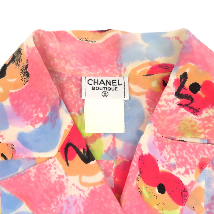 CHANEL 
COCO CC ココボタン オープンカラー 
ココマーク 花柄 シルク クロップド 半袖シャツ 
カメリア