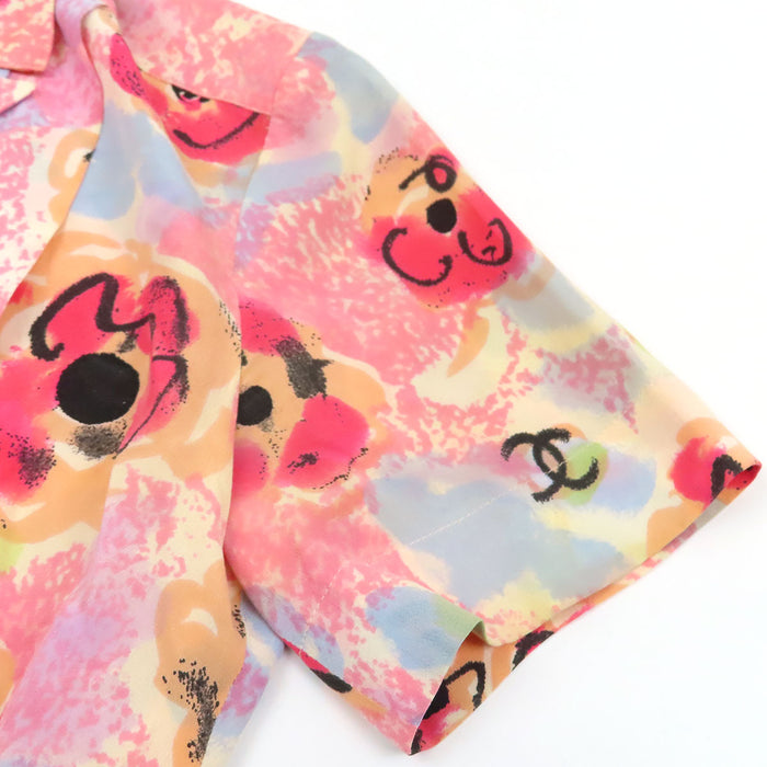 CHANEL 
COCO CC ココボタン オープンカラー 
ココマーク 花柄 シルク クロップド 半袖シャツ 
カメリア
