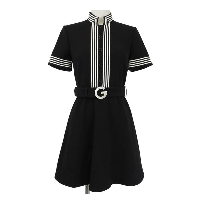 GUCCI 
ロゴ ベルト ハイネック ストライプ 
ハーフスリーブ ウール ワンピース