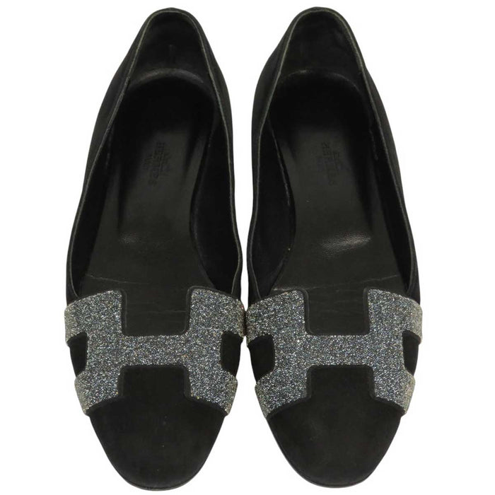 HERMES 
H アッシュ ロゴ ラインストーン 
ニース スエード パンプス