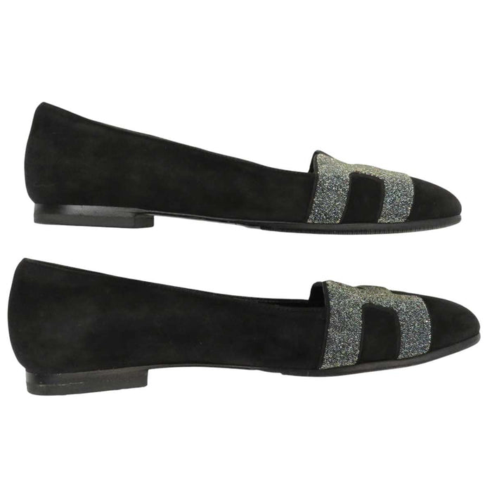 HERMES 
H アッシュ ロゴ ラインストーン 
ニース スエード パンプス