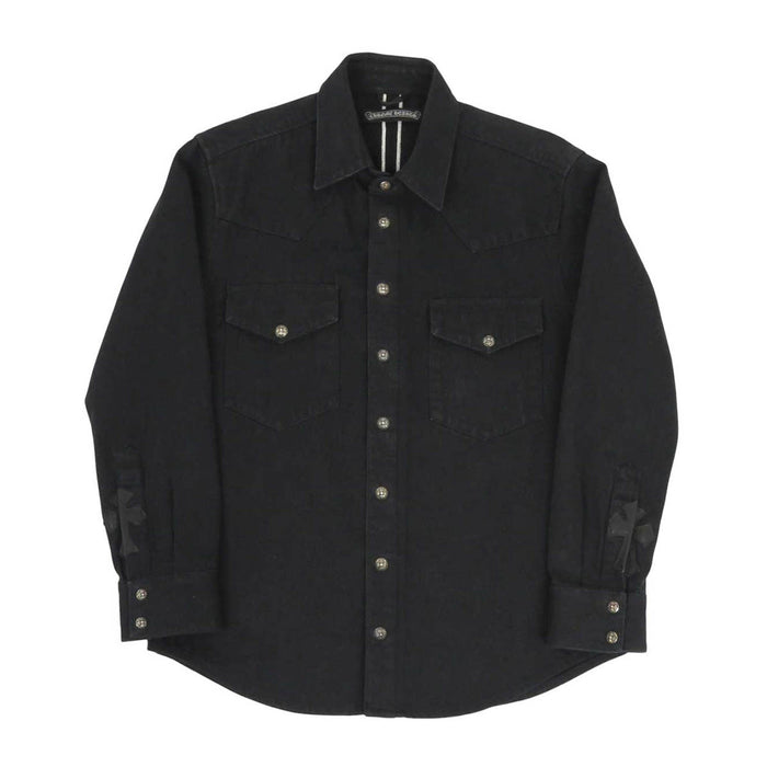 CHROME HEARTS 
JVP クロスボタン コットン レザー 
クロスパッチ デニム シャツ