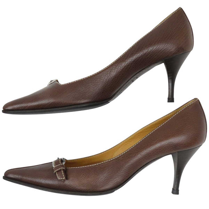 HERMES 
シルバーカラー金具 
ポインテッドトゥ レザー パンプス