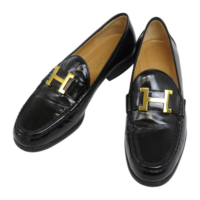 HERMES 
レザー H アッシュ ロゴ ゴールドカラー金具 
レザー ローファー