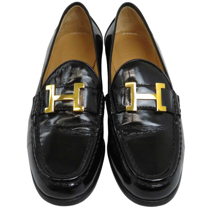 HERMES 
レザー H アッシュ ロゴ ゴールドカラー金具 
レザー ローファー