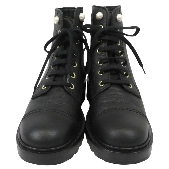 CHANEL 
COCO CC Logo Costume Pearl Leather 
Coco Mark Lace-up Short Boots