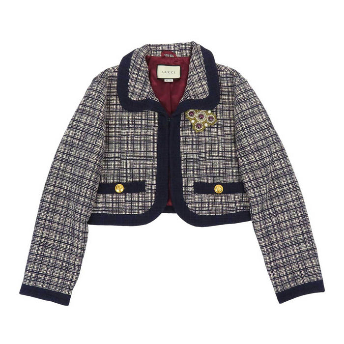 GUCCI 
ブローチ ステンカラー コットン シルク 
ツイード ショートジャケット