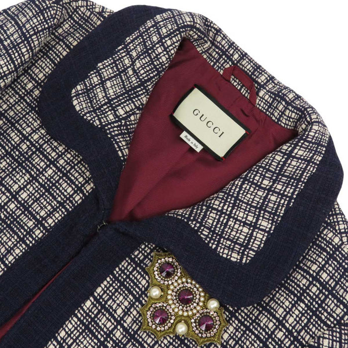 GUCCI 
ブローチ ステンカラー コットン シルク 
ツイード ショートジャケット