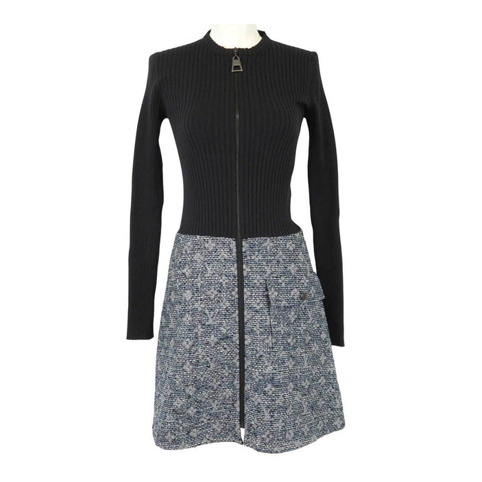 LOUIS VUITTON 
LV ロゴ ジップアップ ロングスリーブ 
リブ ニット ツイード 切替 ワンピース 
モノグラム