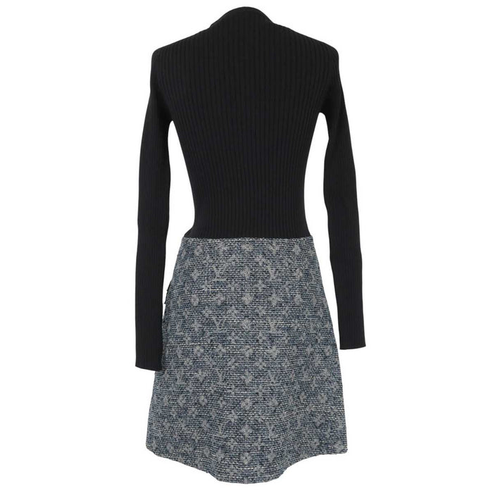 LOUIS VUITTON 
LV ロゴ ジップアップ ロングスリーブ 
リブ ニット ツイード 切替 ワンピース 
モノグラム
