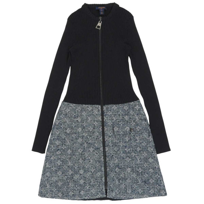 LOUIS VUITTON 
LV ロゴ ジップアップ ロングスリーブ 
リブ ニット ツイード 切替 ワンピース 
モノグラム