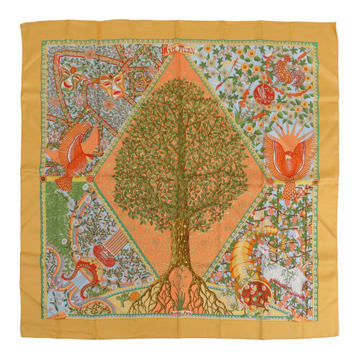 HERMES 
シルク 大判 鳥 植物 
カレ 90 Axis Mundi 世界中心軸 スカーフ