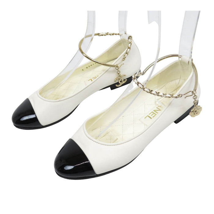 CHANEL COCO CC logo ankle strap leather Coco mark matelassé bicolor ballet shoes camellia