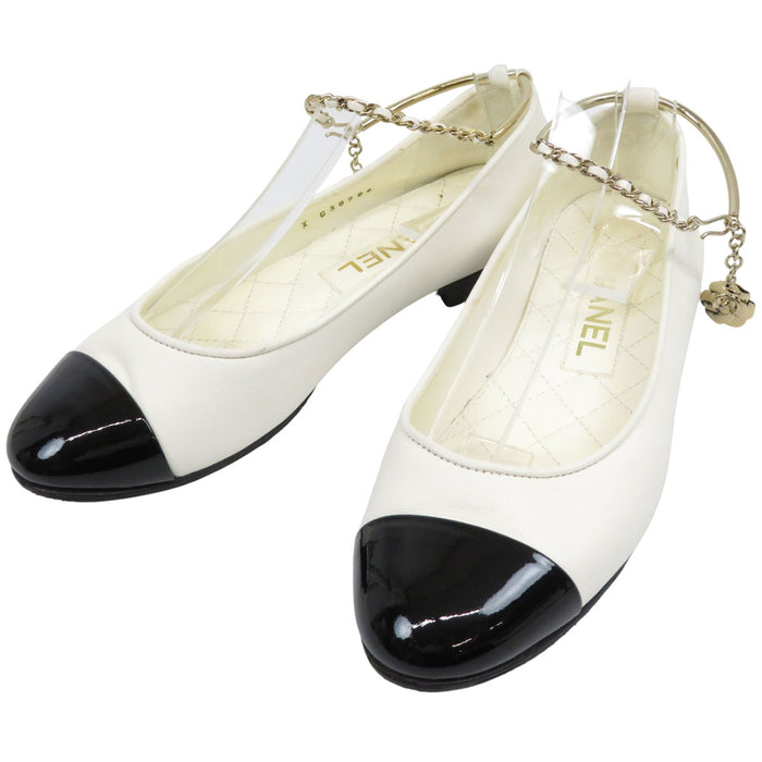 CHANEL COCO CC logo ankle strap leather Coco mark matelassé bicolor ballet shoes camellia