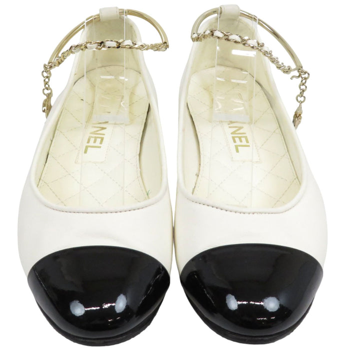 CHANEL COCO CC logo ankle strap leather Coco mark matelassé bicolor ballet shoes camellia