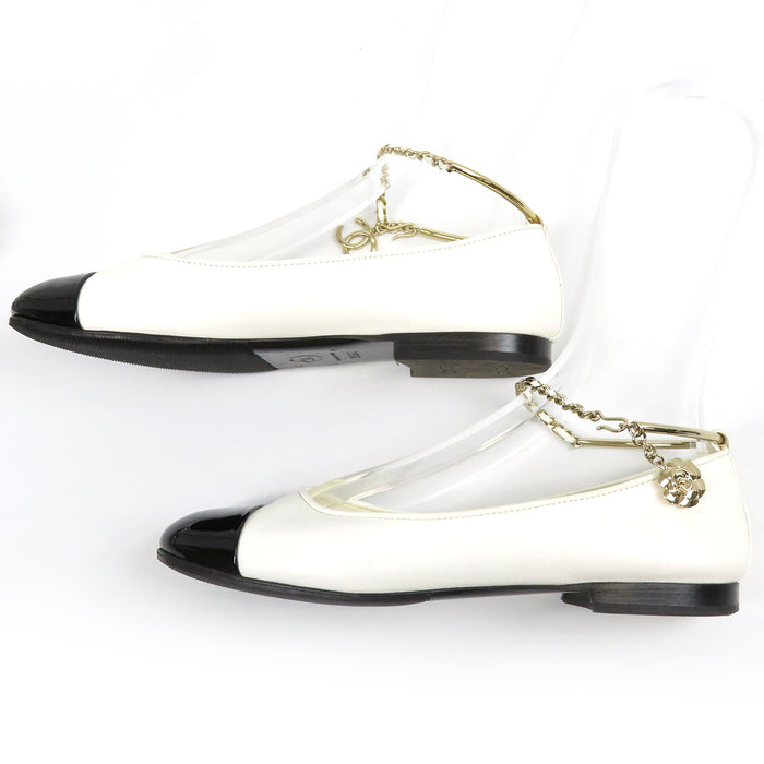 CHANEL COCO CC logo ankle strap leather Coco mark matelassé bicolor ballet shoes camellia