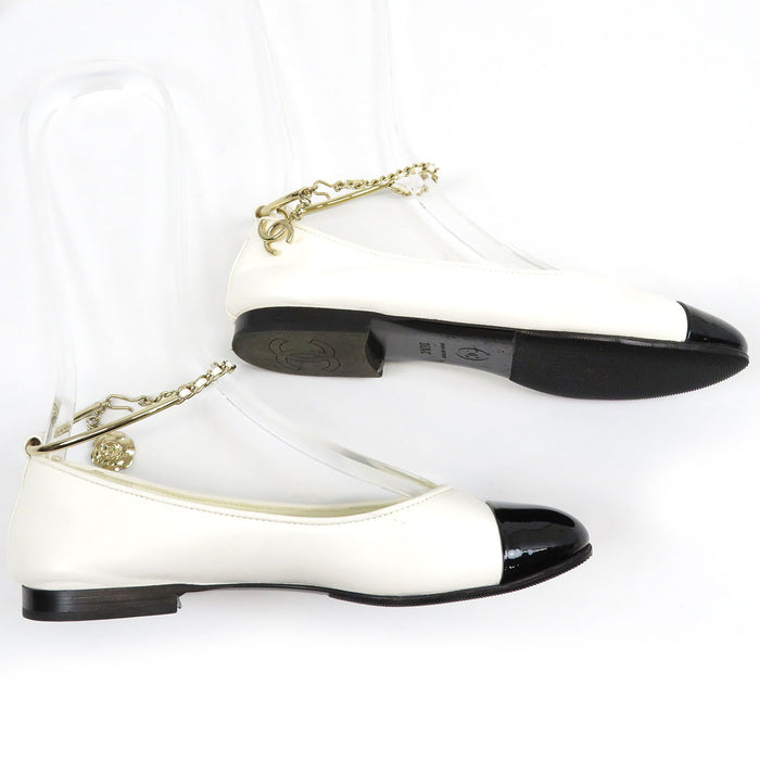 CHANEL COCO CC logo ankle strap leather Coco mark matelassé bicolor ballet shoes camellia
