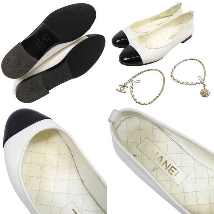 CHANEL COCO CC logo ankle strap leather Coco mark matelassé bicolor ballet shoes camellia