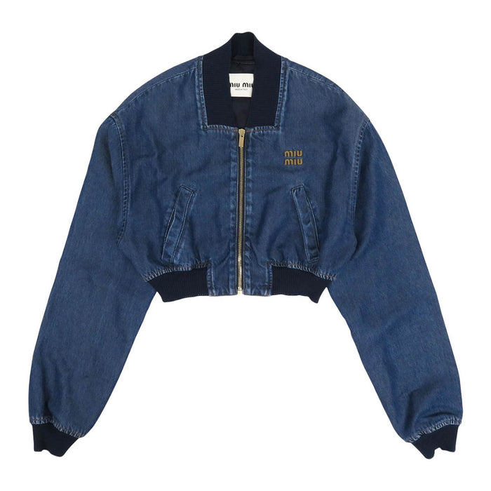 MIUMIU 
Logo ricamato giacca in denim lavato cropped con zip 
Giacca in denim blouson