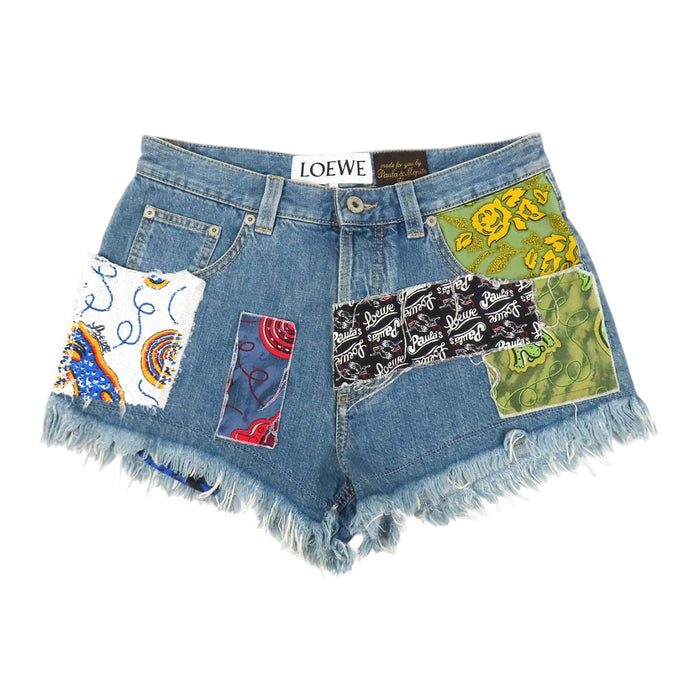 LOEWE 
パッチワーク ロゴ スパンコール コットン 
デニム ショート パンツ