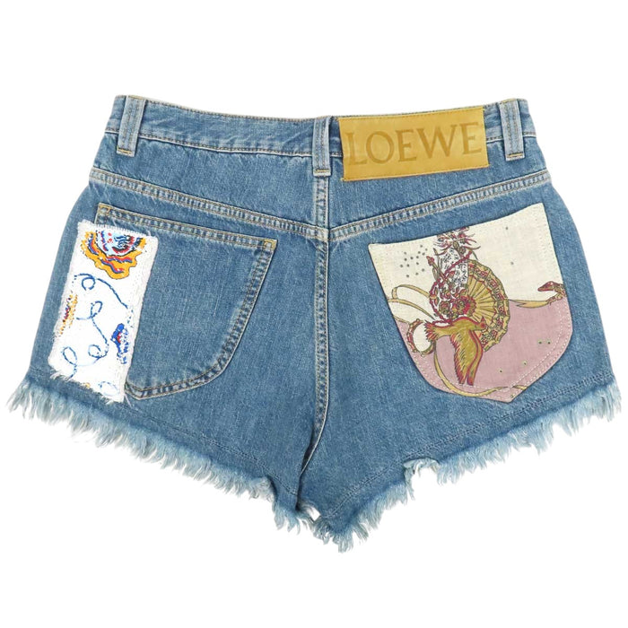 LOEWE 
パッチワーク ロゴ スパンコール コットン 
デニム ショート パンツ
