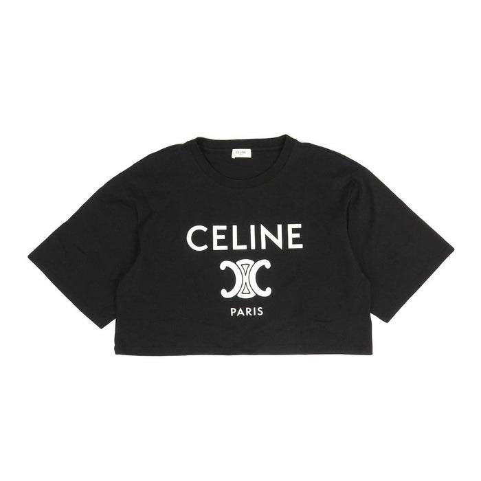 CELINE 
Cropped length cotton 
Triomphe logo print T-shirt