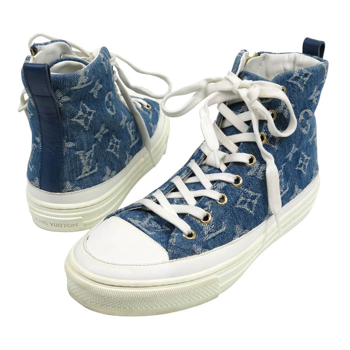 LOUIS VUITTON LV Side Zip Lace-Up Stellar Line Denim High-Cut Sneakers Monogram