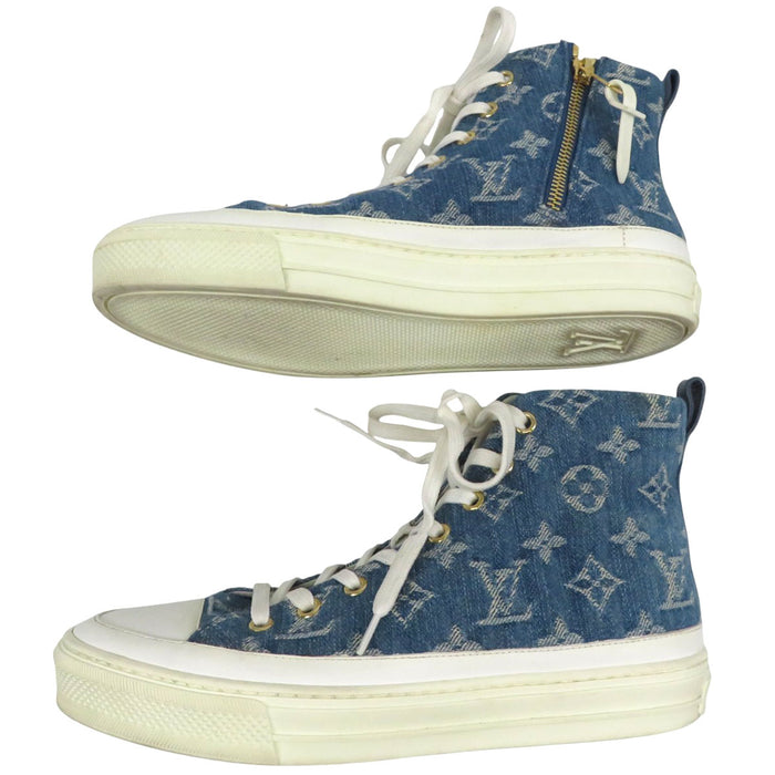 LOUIS VUITTON LV Side Zip Lace-Up Stellar Line Denim High-Cut Sneakers Monogram