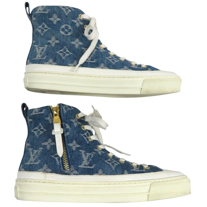 LOUIS VUITTON LV Side Zip Lace-Up Stellar Line Denim High-Cut Sneakers Monogram