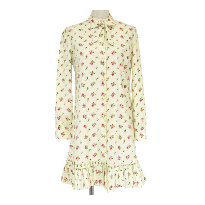 GUCCI 
Interlocking G Bow Tie Cotton Frill 
Floral Shirt Dress