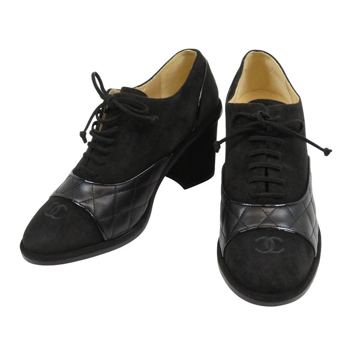 CHANEL COCO CC Logo Matelassé Leather High Heels Coco Mark Suede Lace-up Booties