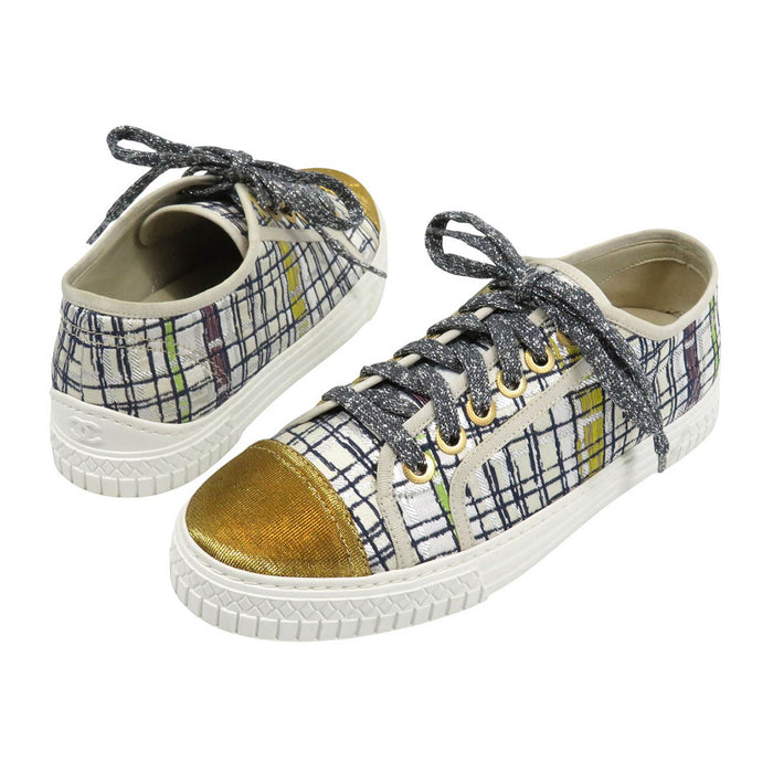 CHANEL COCO CC logo low-cut embroidered Coco mark metallic tweed sneakers