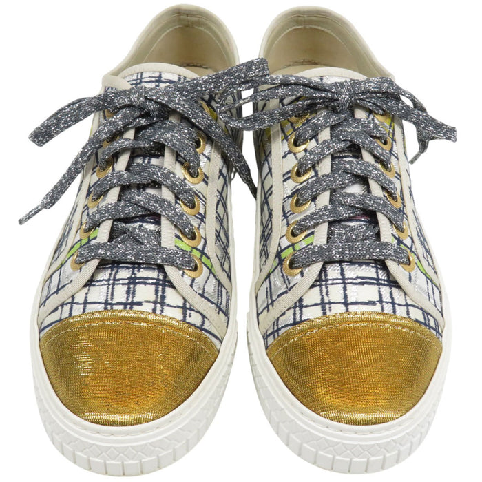 CHANEL COCO CC logo low-cut embroidered Coco mark metallic tweed sneakers