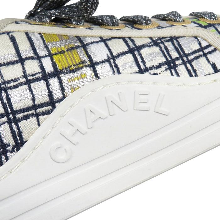 CHANEL COCO CC logo low-cut embroidered Coco mark metallic tweed sneakers