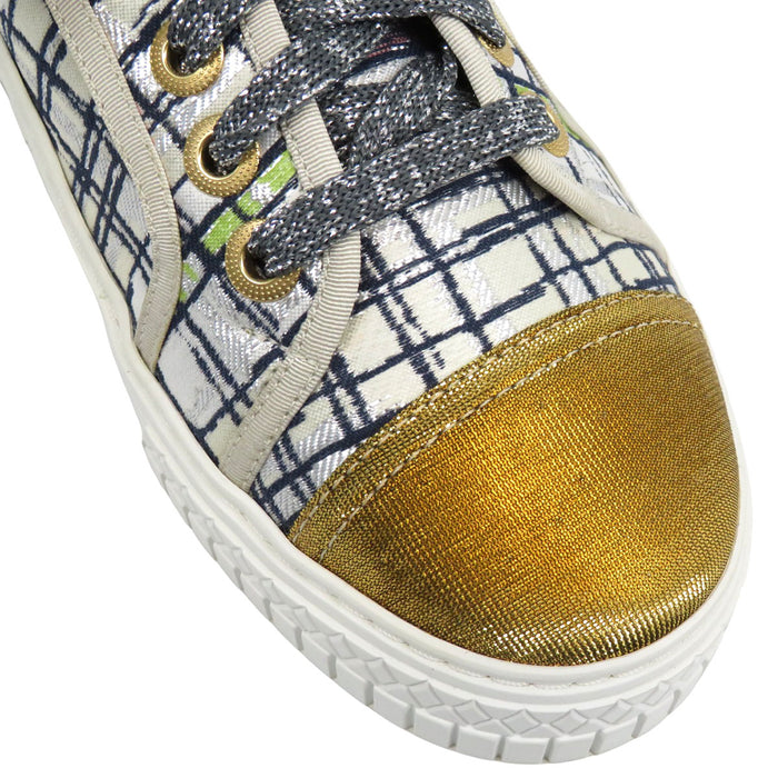 CHANEL COCO CC logo low-cut embroidered Coco mark metallic tweed sneakers